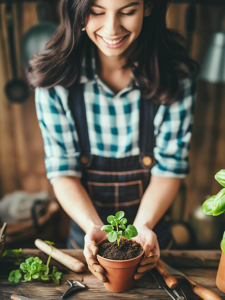 Beginner gardener holding a small plant in a pot