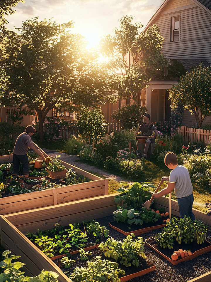 Family working together in their backyard garden
