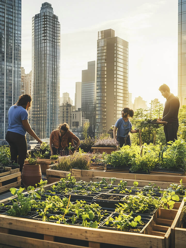 People working in a rooftop garden with city skyline